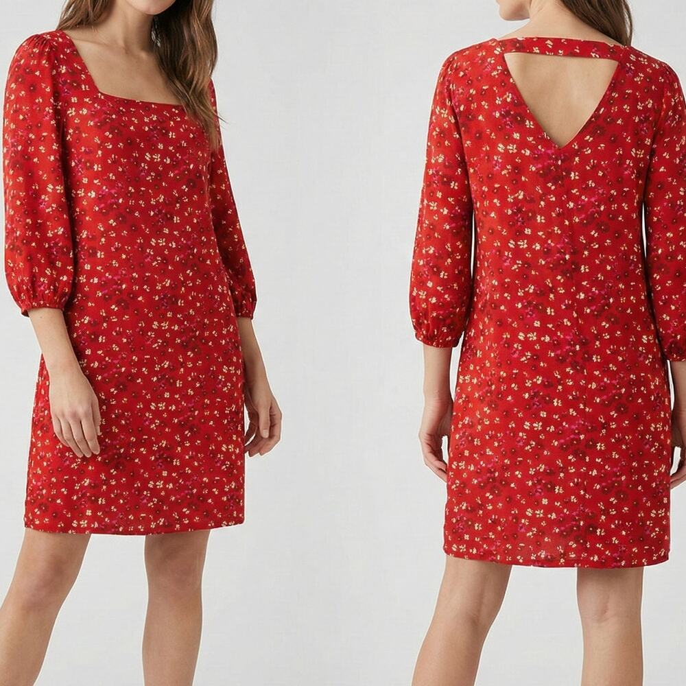 GAP Womens Size 8 3/4 Sleeve Square Neck Dress Red Floral Rayon